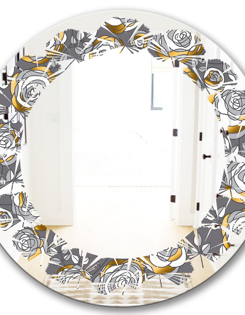 DesignQ Golden Rose Flowers - Modern Round Or Oval Wall Mirror - Leaves