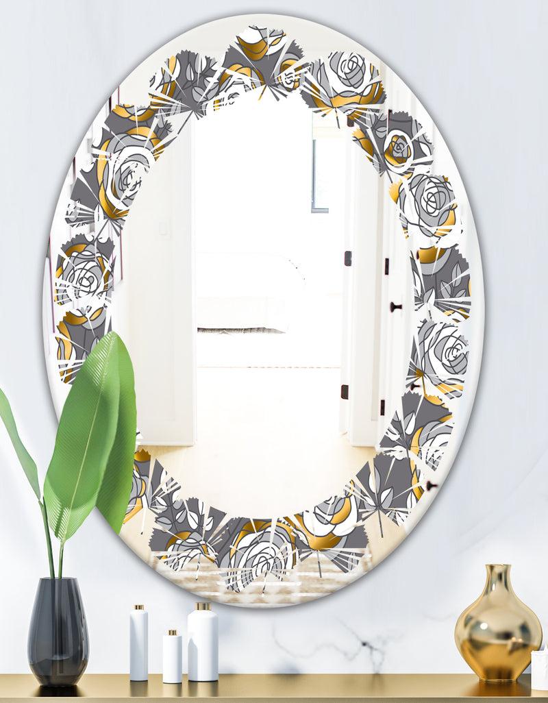 DesignQ Golden Rose Flowers - Modern Round Or Oval Wall Mirror - Leaves