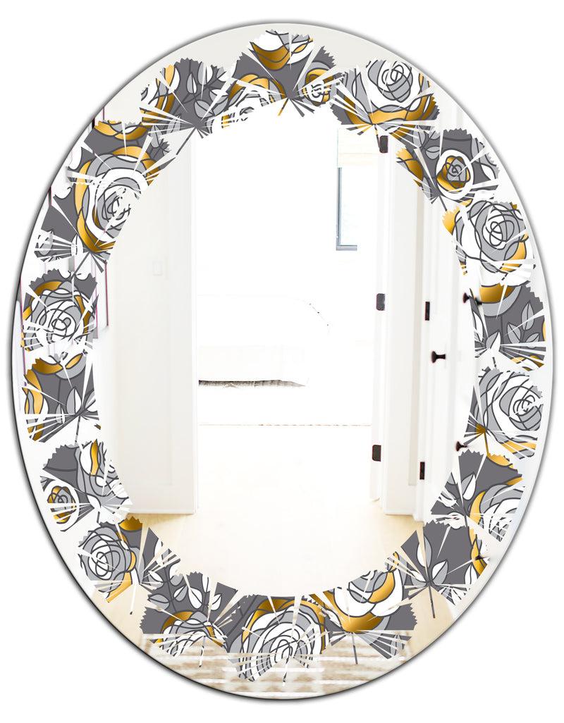 DesignQ Golden Rose Flowers - Modern Round Or Oval Wall Mirror - Leaves
