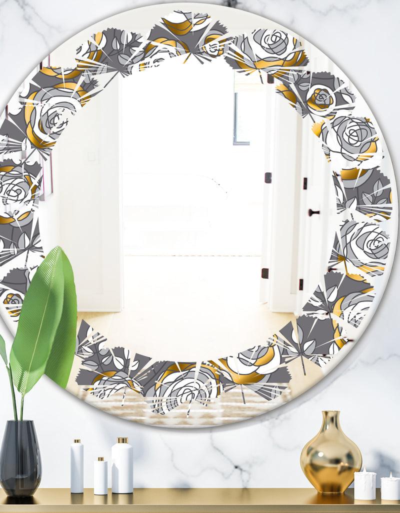 DesignQ Golden Rose Flowers - Modern Round or Oval Wall Mirror - Leaves