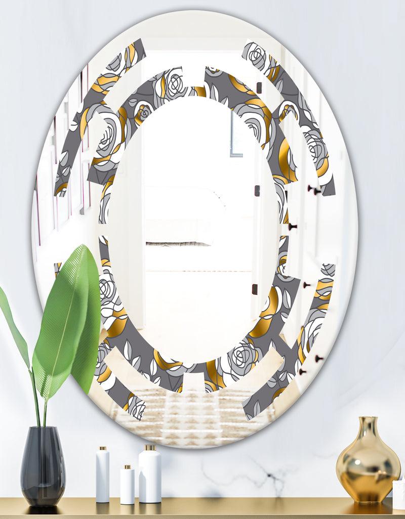 DesignQ Golden Rose Flowers - Modern Round Or Oval Wall Mirror - Space