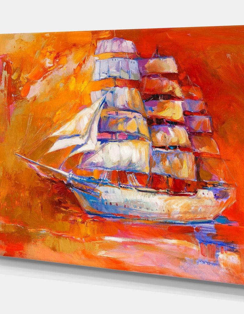 DesignQ Golden Sunset In Ocean Ship - Nautical Painting Print On Wrapped Canvas