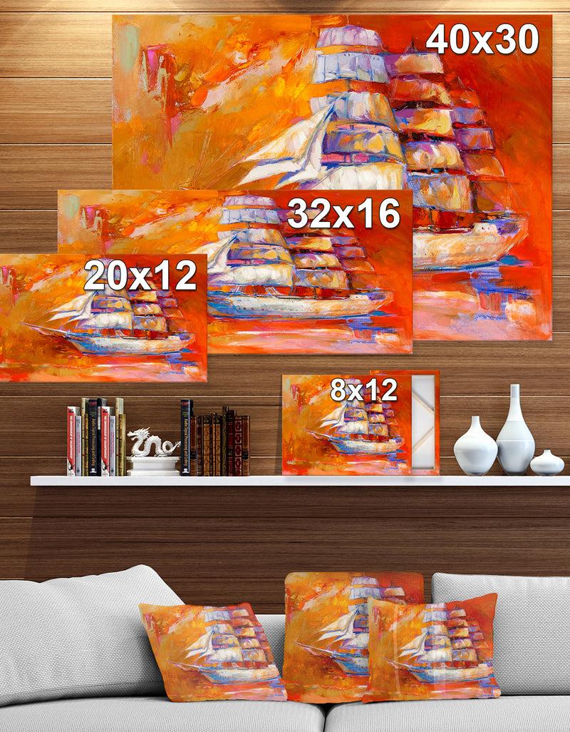 DesignQ Golden Sunset In Ocean Ship - Nautical Painting Print On Wrapped Canvas