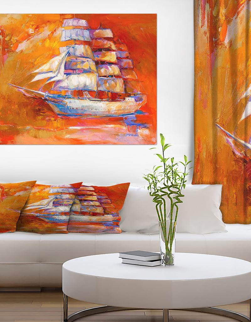 DesignQ Golden Sunset in Ocean Ship - Nautical Painting Print on Wrapped Canvas