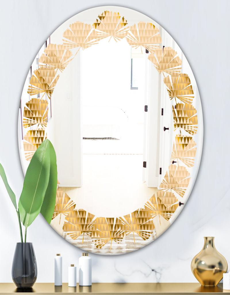 DesignQ Golden Triangular Wavess I - Modern Round Or Oval Wall Mirror - Leaves