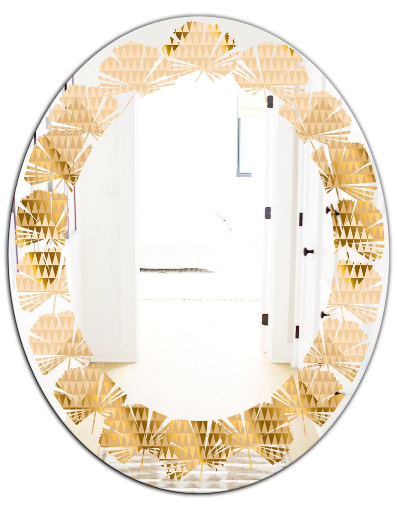 DesignQ Golden Triangular Wavess I - Modern Round Or Oval Wall Mirror - Leaves
