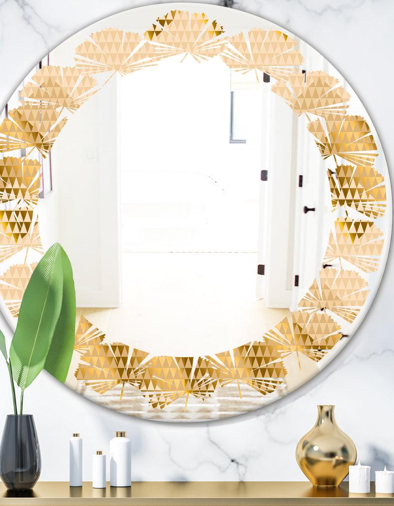 DesignQ Golden Triangular Wavess I - Modern Round or Oval Wall Mirror - Leaves