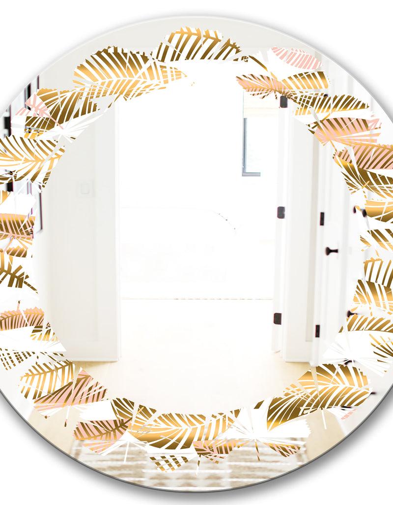 DesignQ Golden Tropical Pattern III - Modern Round Or Oval Wall Mirror - Leaves