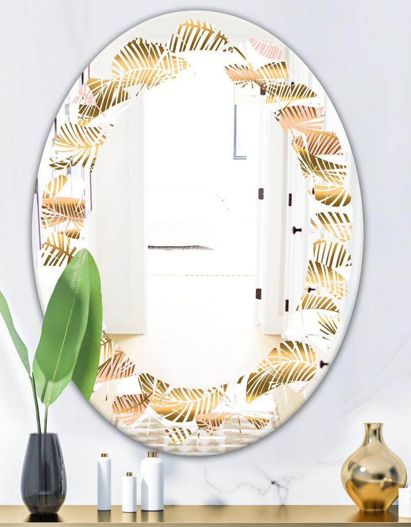 DesignQ Golden Tropical Pattern III - Modern Round Or Oval Wall Mirror - Leaves