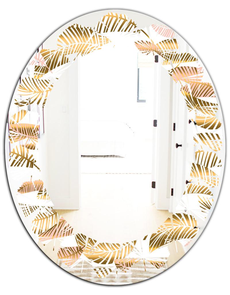 DesignQ Golden Tropical Pattern III - Modern Round Or Oval Wall Mirror - Leaves