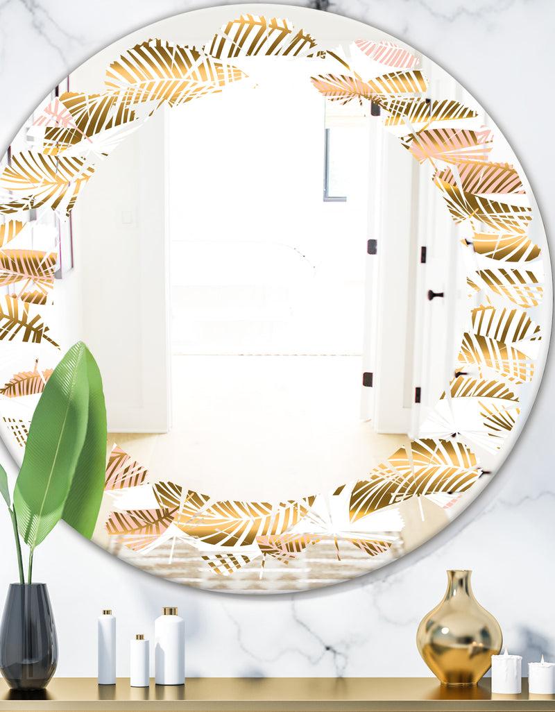 DesignQ Golden Tropical Pattern III - Modern Round or Oval Wall Mirror - Leaves