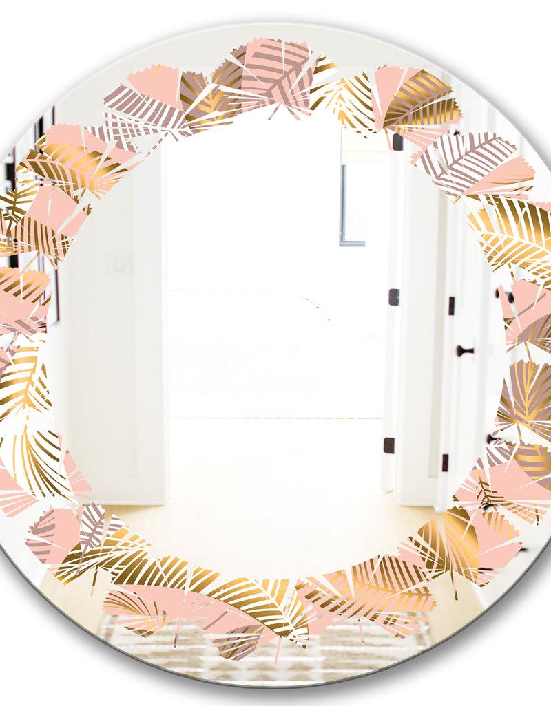 DesignQ Golden Tropical Pattern V - Modern Round Or Oval Wall Mirror - Leaves