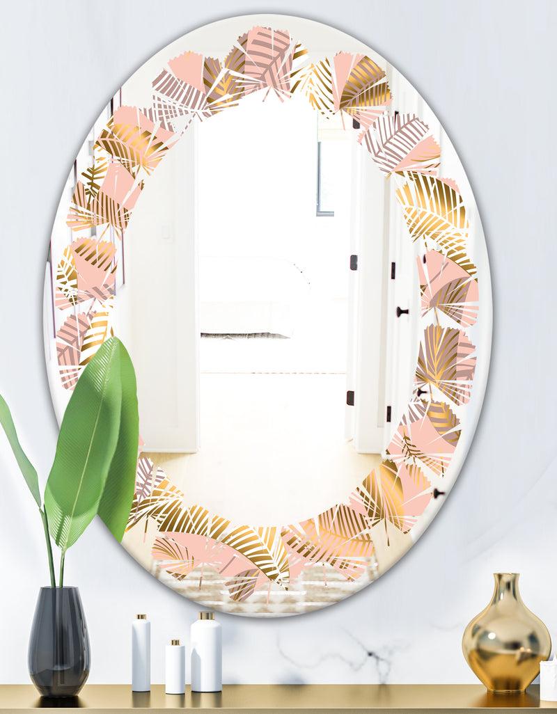DesignQ Golden Tropical Pattern V - Modern Round Or Oval Wall Mirror - Leaves