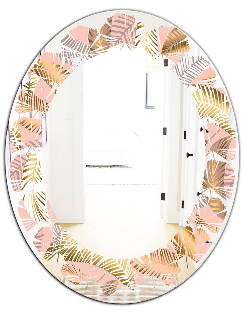 DesignQ Golden Tropical Pattern V - Modern Round Or Oval Wall Mirror - Leaves
