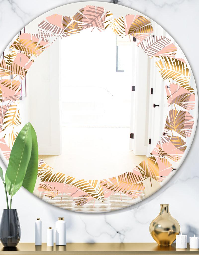 DesignQ Golden Tropical Pattern V - Modern Round or Oval Wall Mirror - Leaves