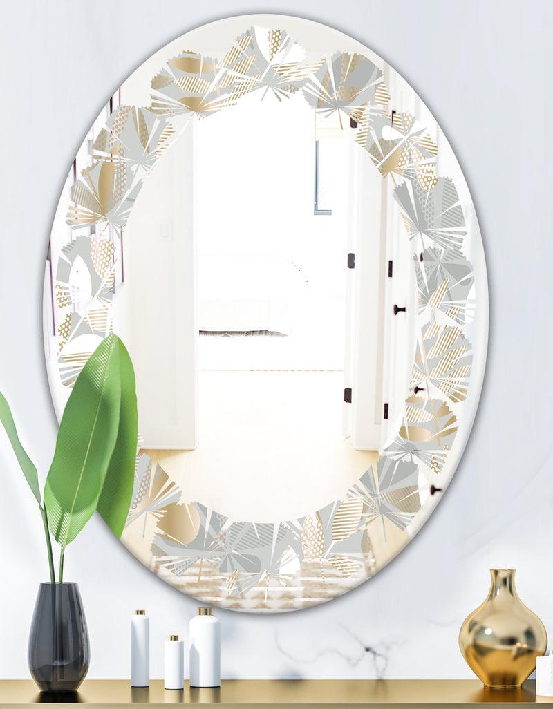 DesignQ Golden Tropical Pattern VIII - Modern Round Or Oval Wall Mirror - Leaves