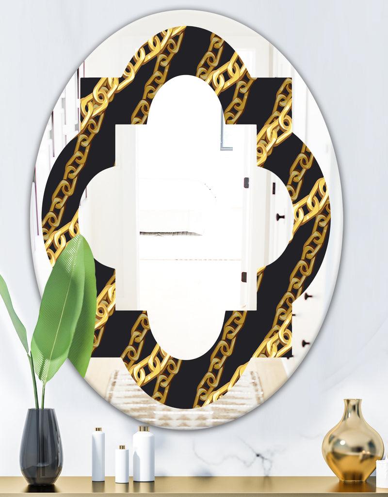 DesignQ Golden ZigZag Chain - Modern Round Or Oval Wall Mirror - Quatrefoil