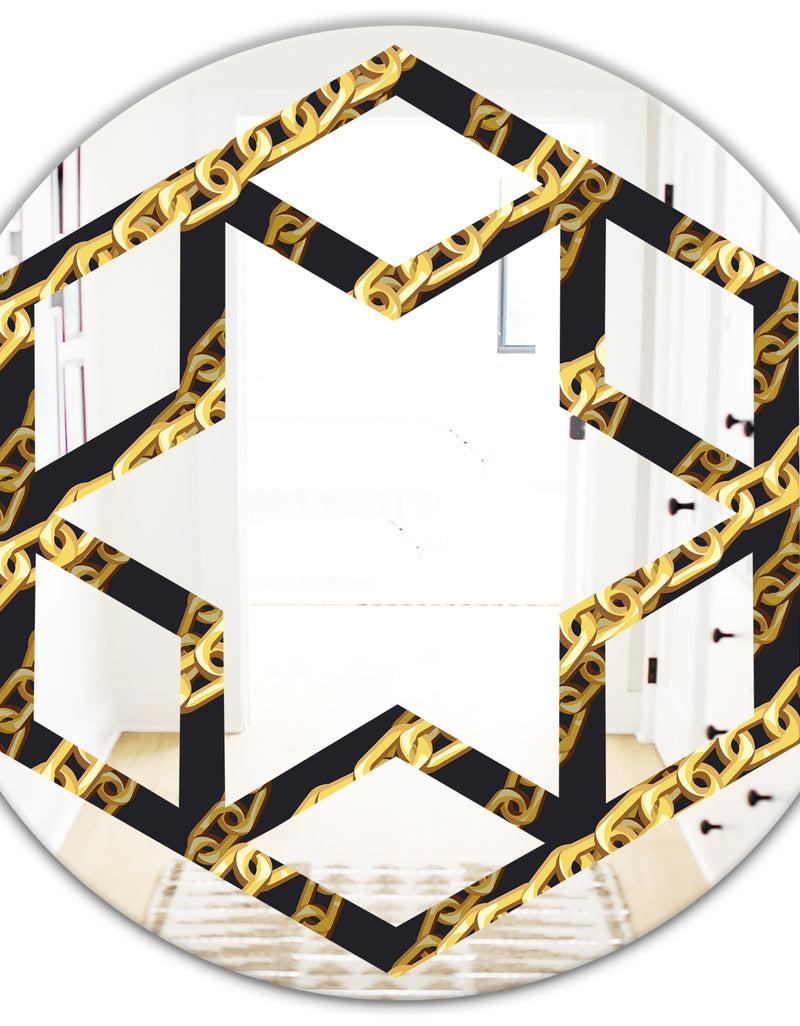 DesignQ Golden ZigZag Chain - Modern Round Or Oval Wall Mirror - Hexagon Star