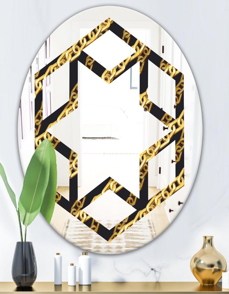 DesignQ Golden ZigZag Chain - Modern Round Or Oval Wall Mirror - Hexagon Star
