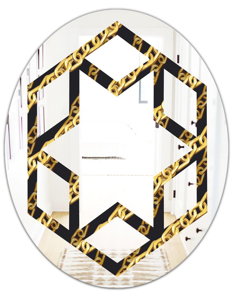 DesignQ Golden ZigZag Chain - Modern Round Or Oval Wall Mirror - Hexagon Star