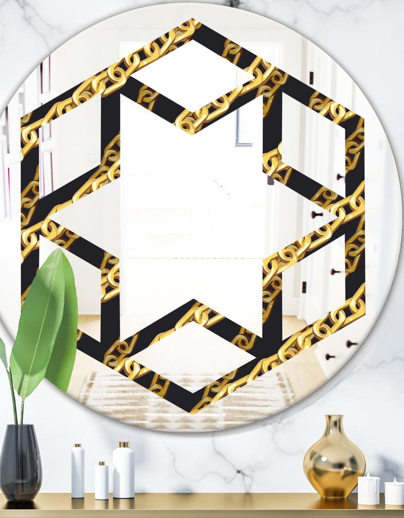 DesignQ Golden ZigZag Chain - Modern Round or Oval Wall Mirror - Hexagon Star