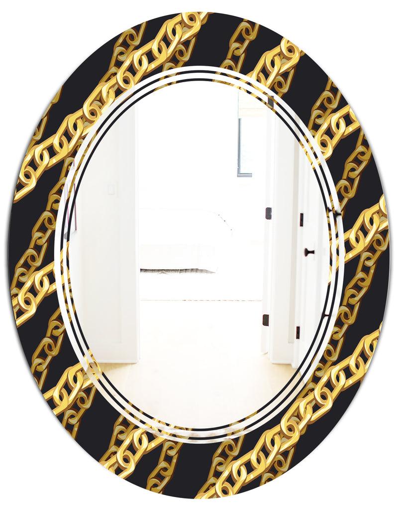 DesignQ Golden ZigZag Chain - Modern Round Or Oval Wall Mirror - Triple C