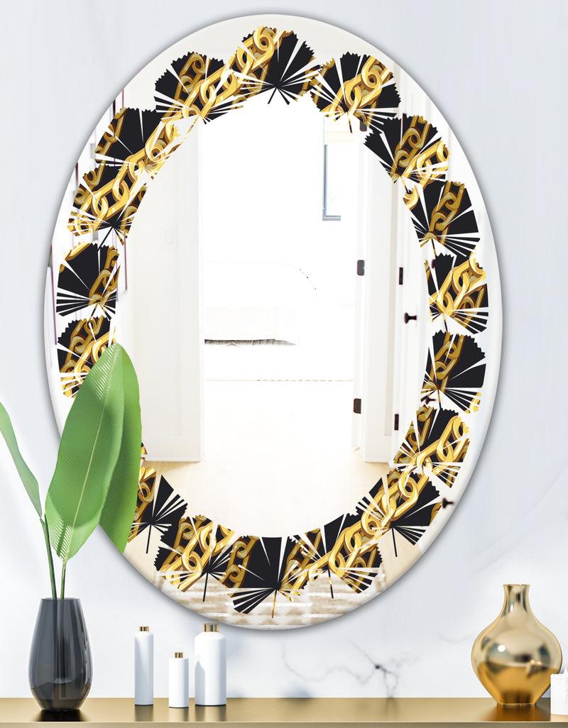 DesignQ Golden ZigZag Chain - Modern Round Or Oval Wall Mirror - Leaves