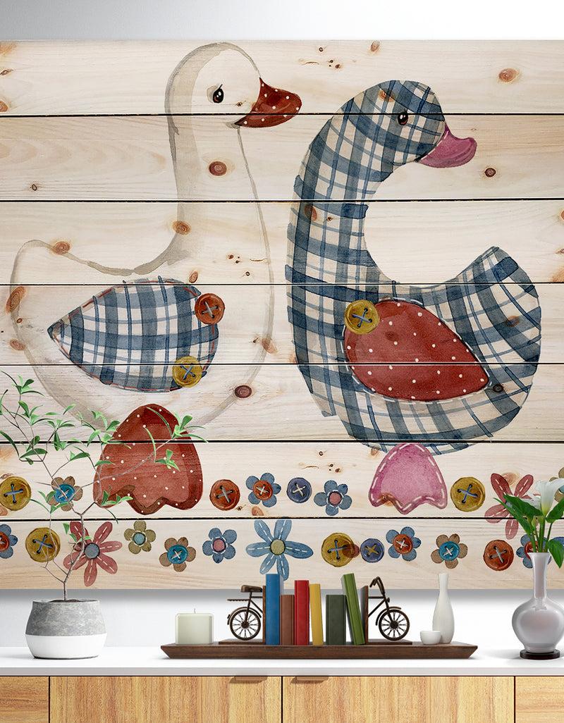 DesignQ Goose. cartoon farm animal. cute pet watercolor illustration. - Animals Painting Print on Natural Pine Wood