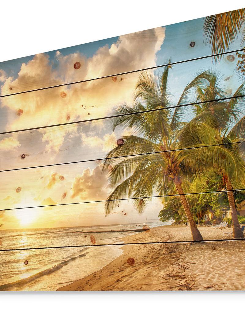 DesignQ Gorgeous Beach Of Island Barbados - Modern Seascape Print On Natural Pine Wood