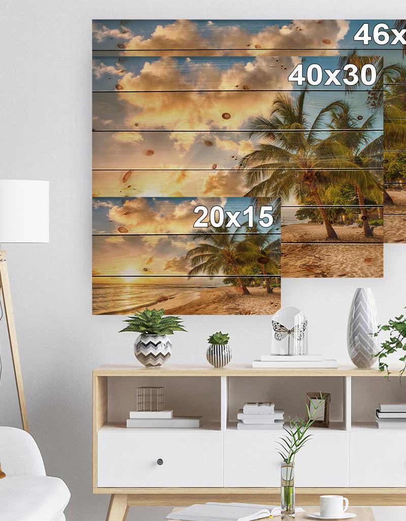 DesignQ Gorgeous Beach Of Island Barbados - Modern Seascape Print On Natural Pine Wood