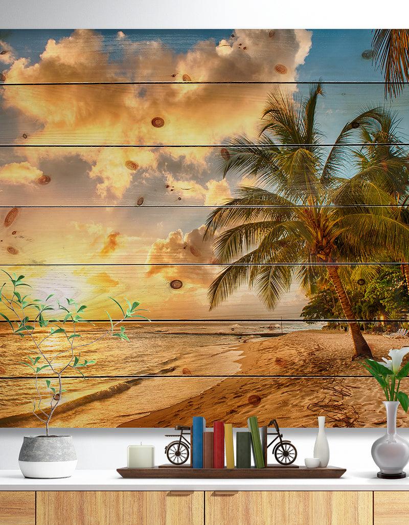 DesignQ Gorgeous Beach of Island Barbados - Modern Seascape Print on Natural Pine Wood