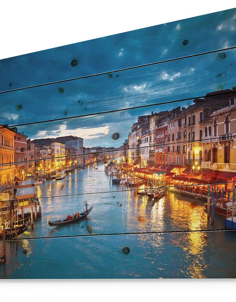 DesignQ Grand Canal At Night Venice - Cityscape Photo Print On Natural Pine Wood