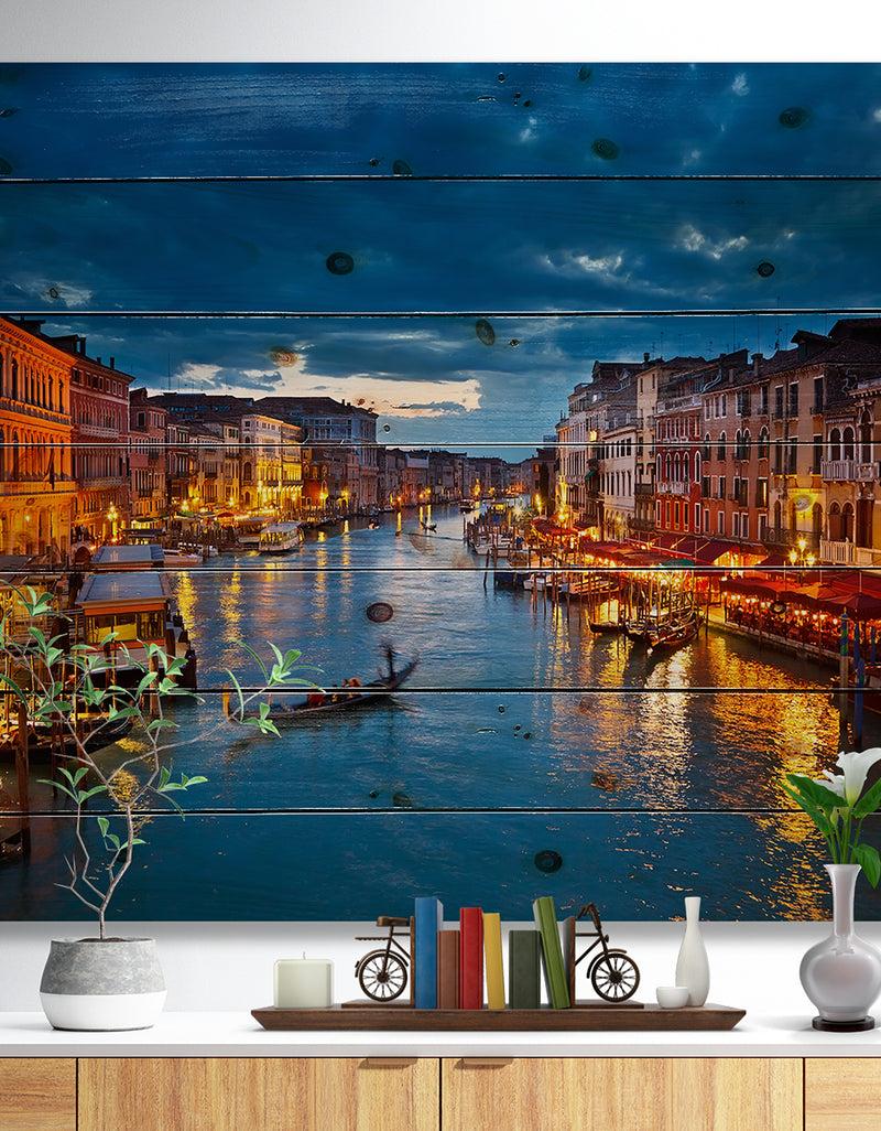 DesignQ Grand Canal at Night Venice - Cityscape Photo Print on Natural Pine Wood
