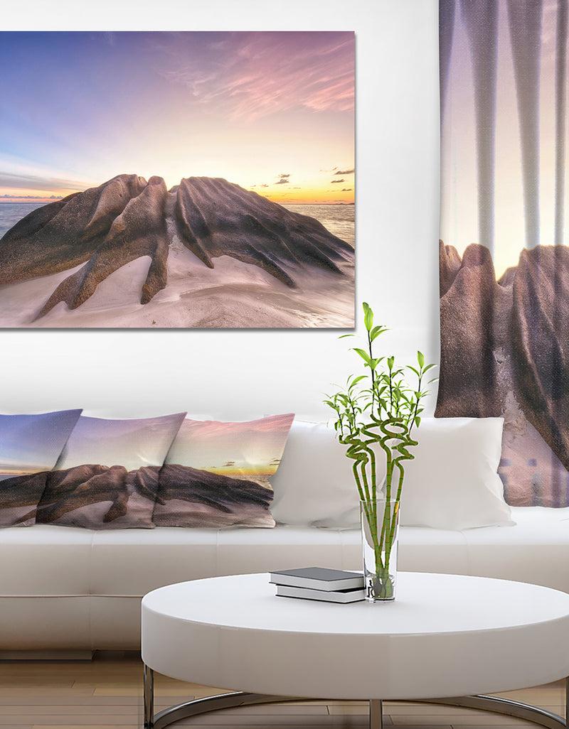 DesignQ Granite Boulders In Sand Beach - Sea & Shore Photographic On Wrapped Canvas