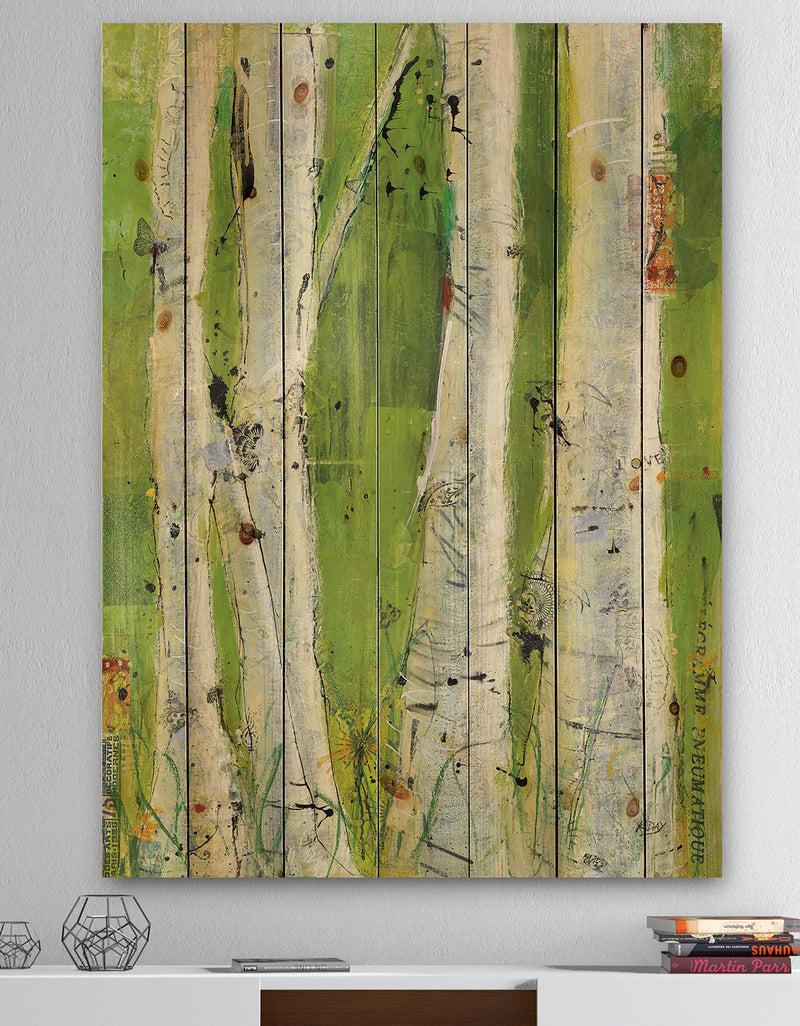 DesignQ Green Birch Forest - Traditional Print on Natural Pine Wood