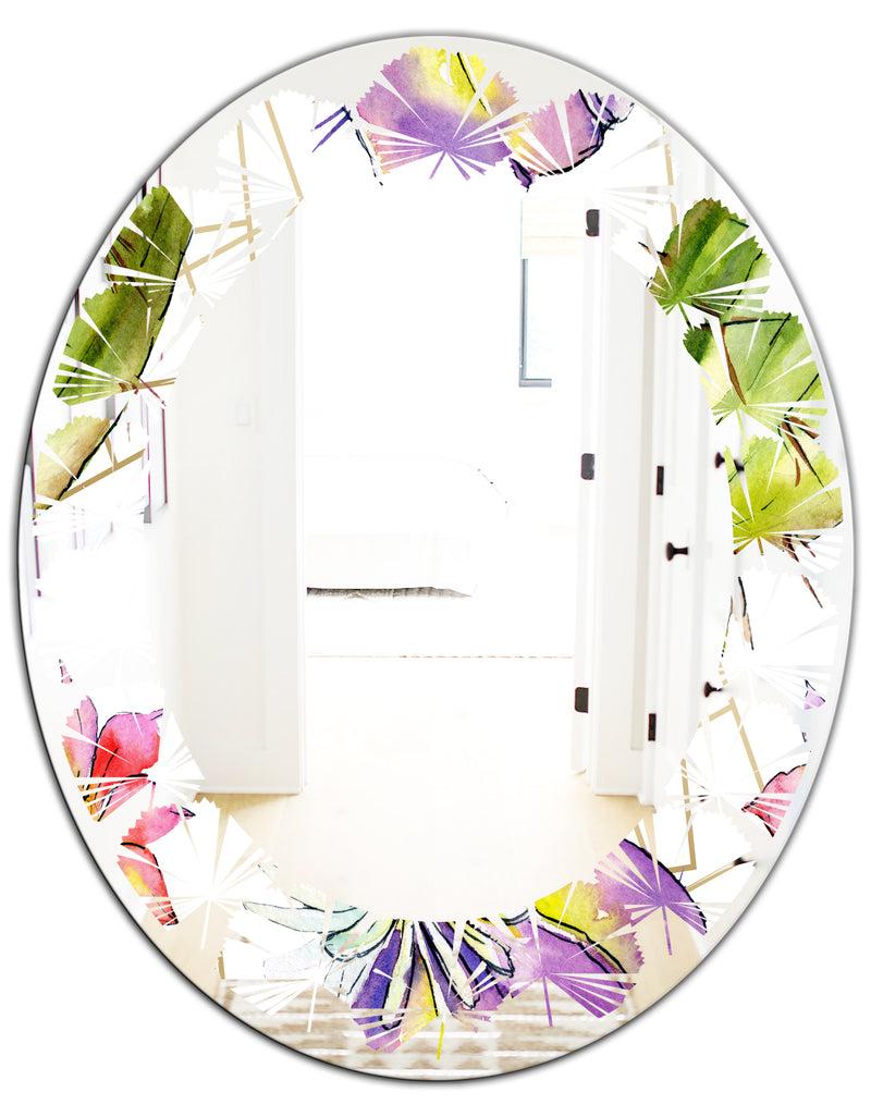 DesignQ Green Cactus Pattern - Cottage Round Or Oval Wall Mirror - Leaves