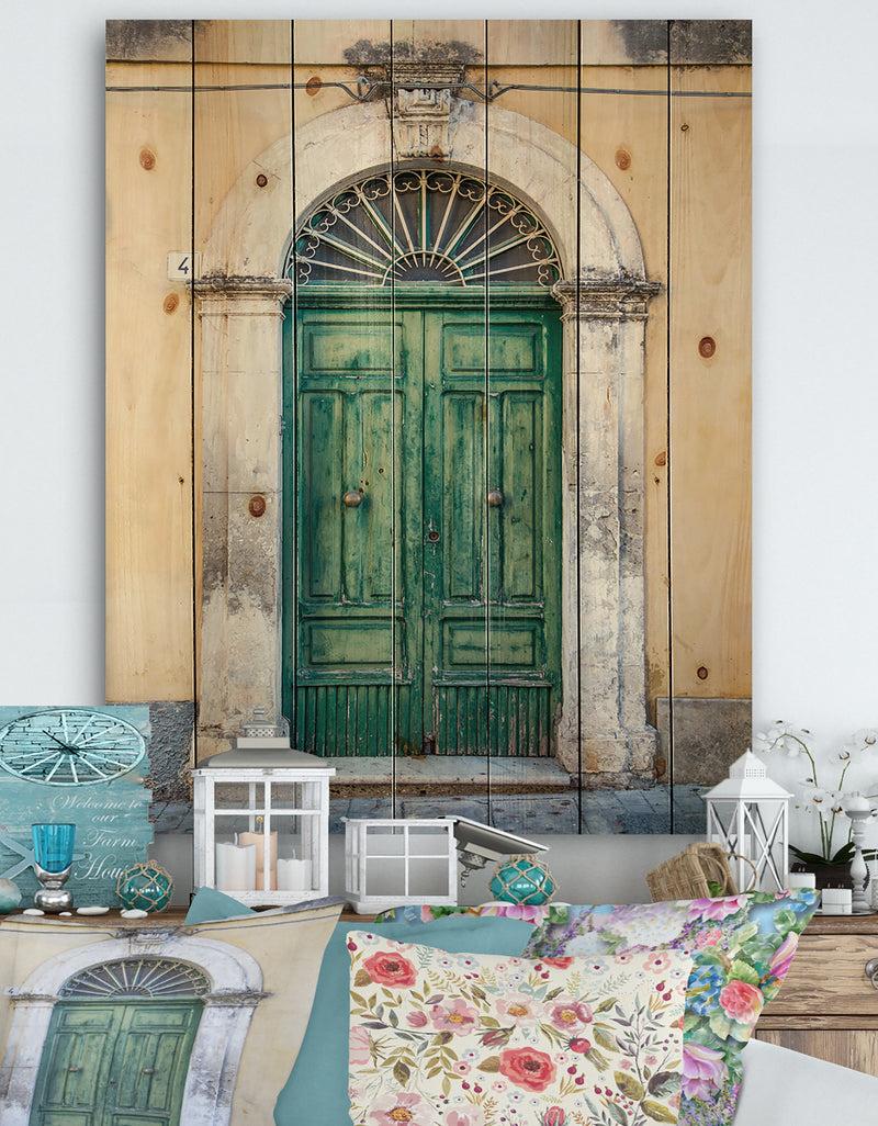 DesignQ Green Door in Sicily - Vintage Print on Natural Pine Wood
