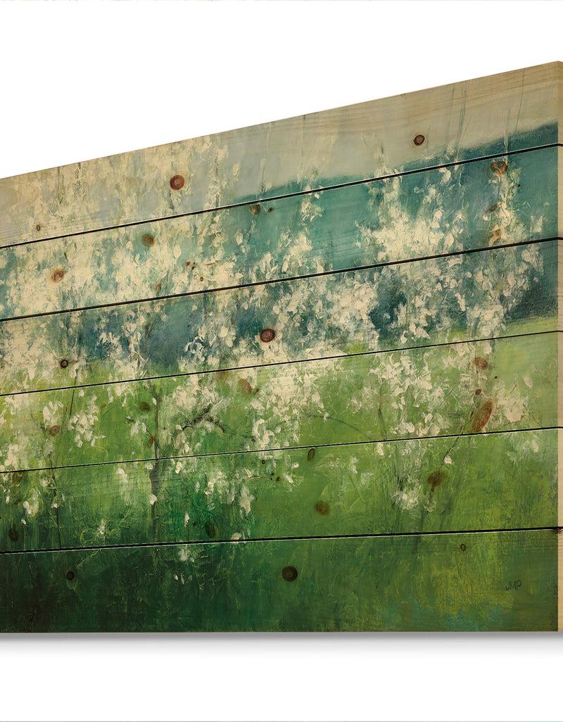 DesignQ Green Mountain Spring - Cottage Print On Natural Pine Wood