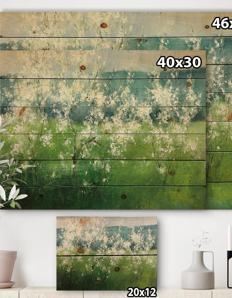 DesignQ Green Mountain Spring - Cottage Print On Natural Pine Wood