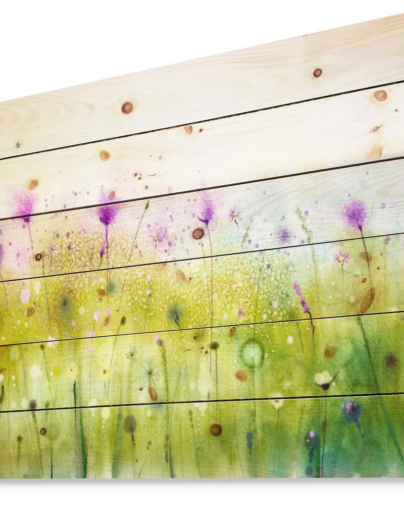 DesignQ Green Purple Abstract Cosmos Of Flowers - Large Flower Print On Natural Pine Wood