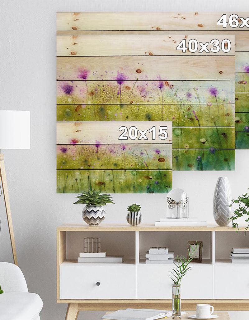 DesignQ Green Purple Abstract Cosmos Of Flowers - Large Flower Print On Natural Pine Wood