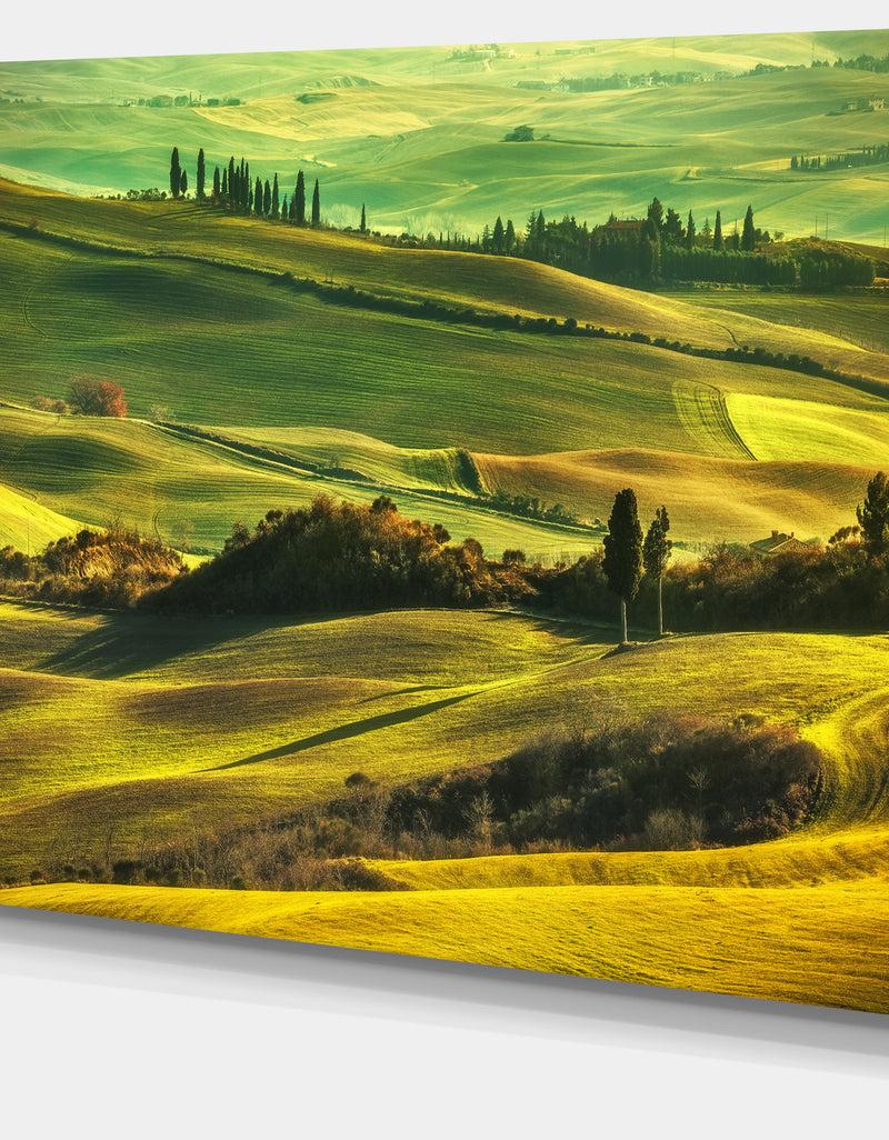 DesignQ Green Rolling Hills On Misty Sunset - Oversized Landscape Wall Art Print