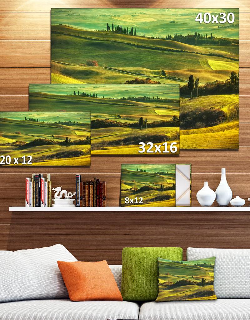 DesignQ Green Rolling Hills On Misty Sunset - Oversized Landscape Wall Art Print