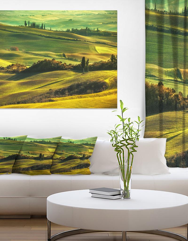 DesignQ Green Rolling Hills on Misty Sunset - Oversized Landscape Wall Art Print