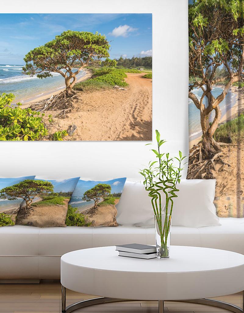 DesignQ Green Tree on Beach in Kauai Hawaii - Contemporary Seascape Art Canvas