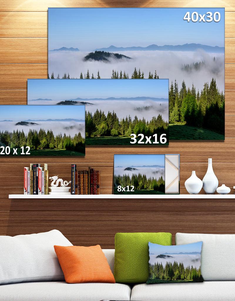 DesignQ Green Trees And Fog Over Mountains - Landscape Art Print Canvas