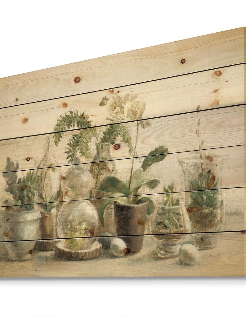DesignQ Greenhouse Orchids - Floral Cottage Print On Natural Pine Wood