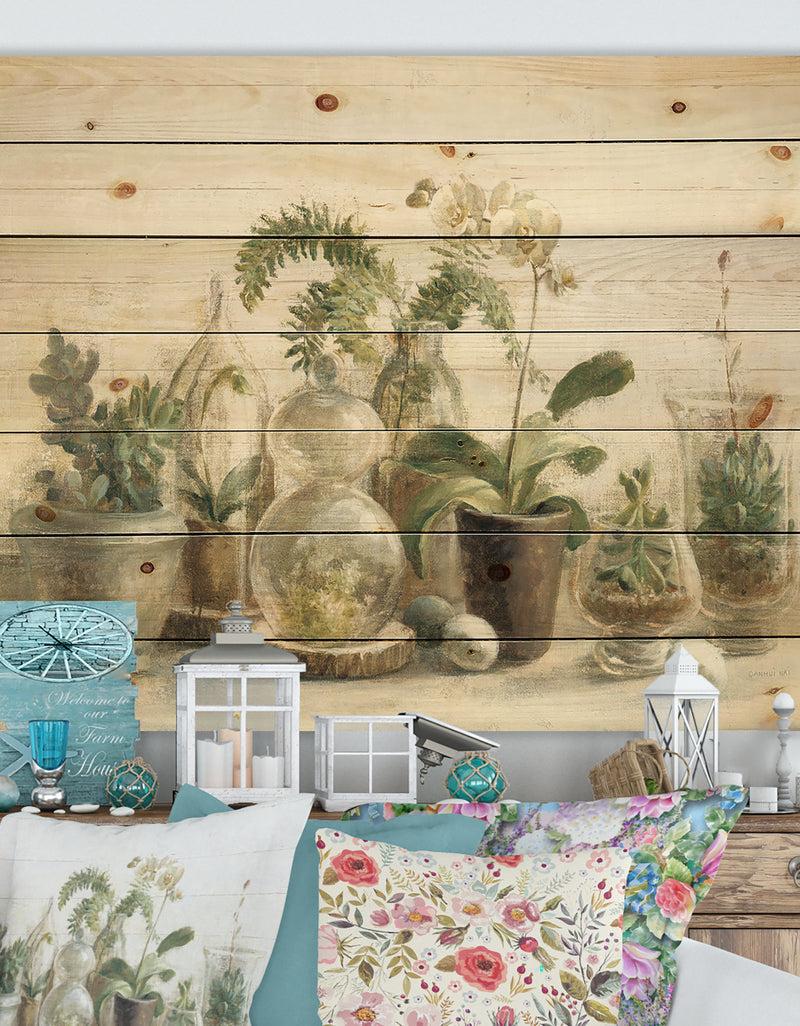 DesignQ Greenhouse Orchids - Floral Cottage Print on Natural Pine Wood