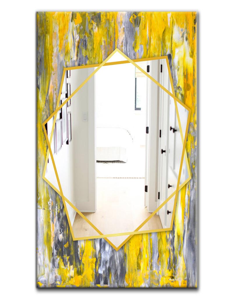 DesignQ Grey And Yellow Abstract Pattern - Modern Mirror - Frameless Contemporary Wall Mirror