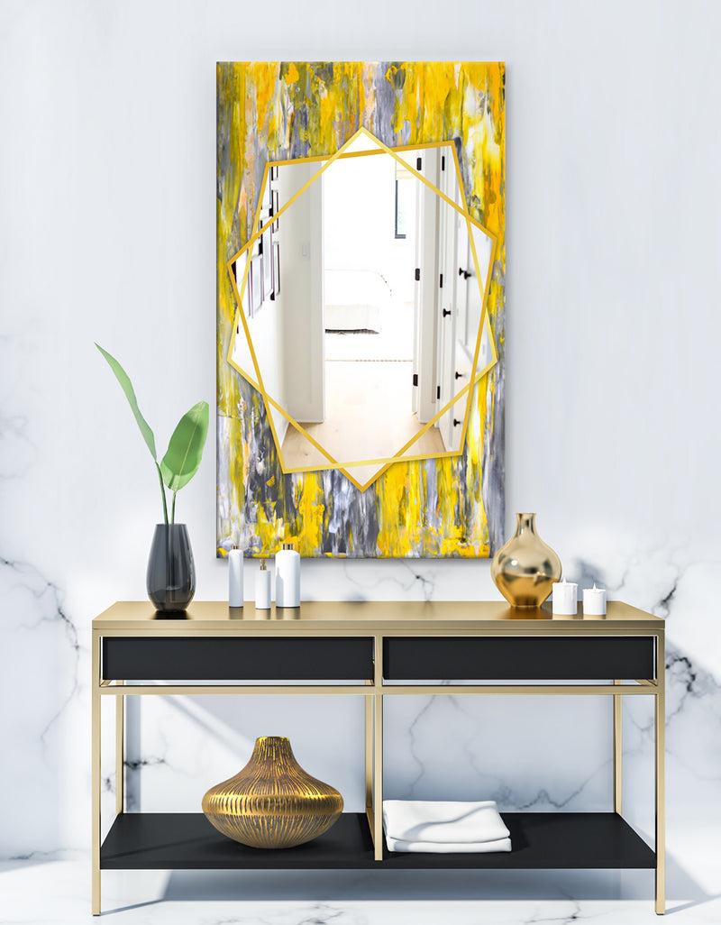 DesignQ Grey and Yellow Abstract Pattern - Modern Mirror - Frameless Contemporary Wall Mirror